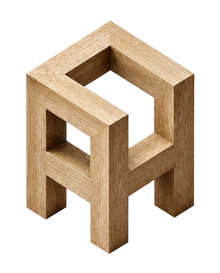 The FØLIUM HOUSE mark: an impossible isometric block cut from pale oak