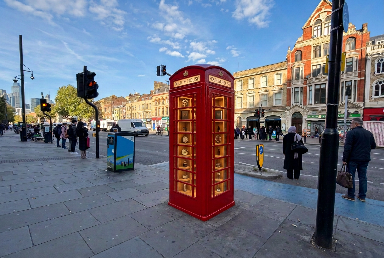 A restored red K6 telephone kiosk on Whitechapel Road in daylight, oak shelving of collectible objects lit inside