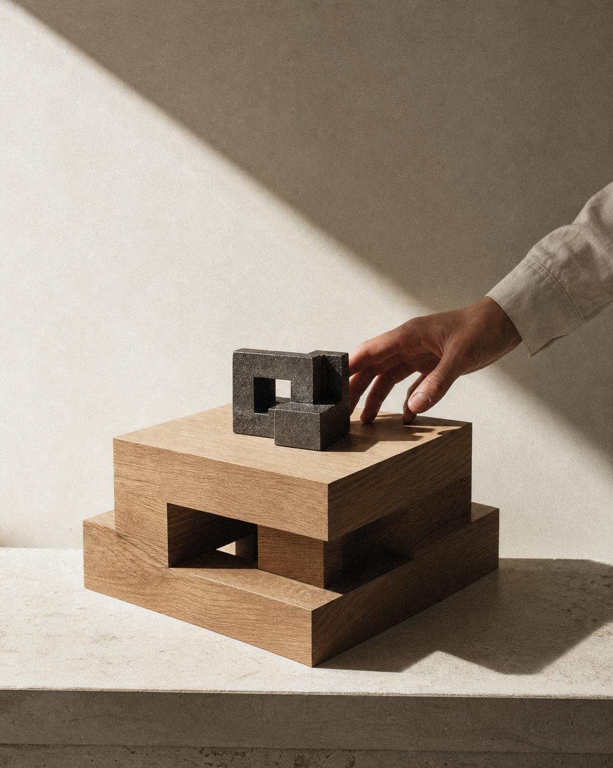 A single dark cast object on a stepped oak plinth with impossible orthogonal joinery, a hand reaching in from the edge of frame